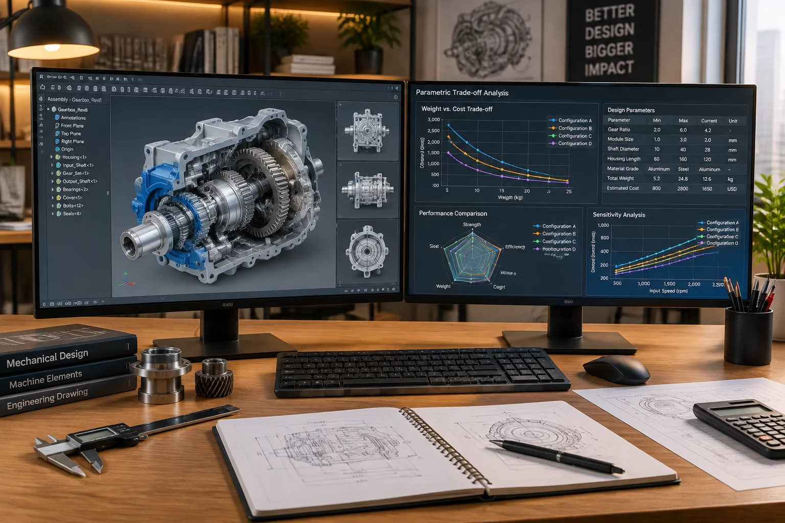 Engineering analysis workstation displaying parametric design trade-offs