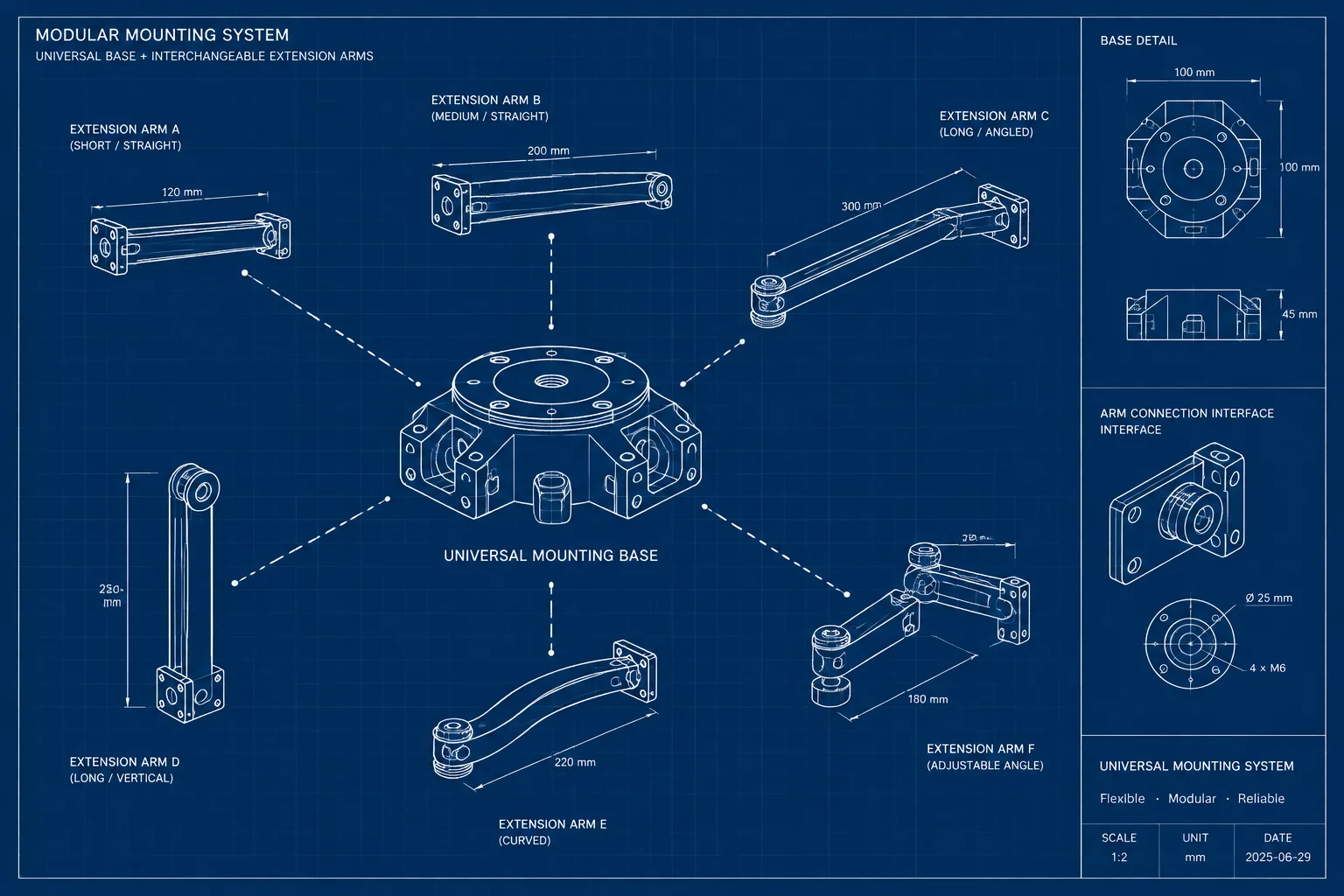 Version B Adjustable Mount structural blueprint with interchangeable arms